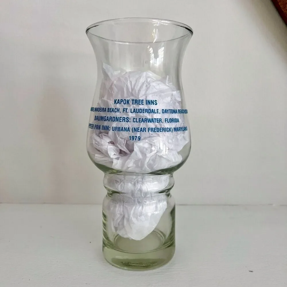 Vtg 1979 Kapok Tree Inns Souvenir Hurricane Cocktail Beverage Glass Clear Blue